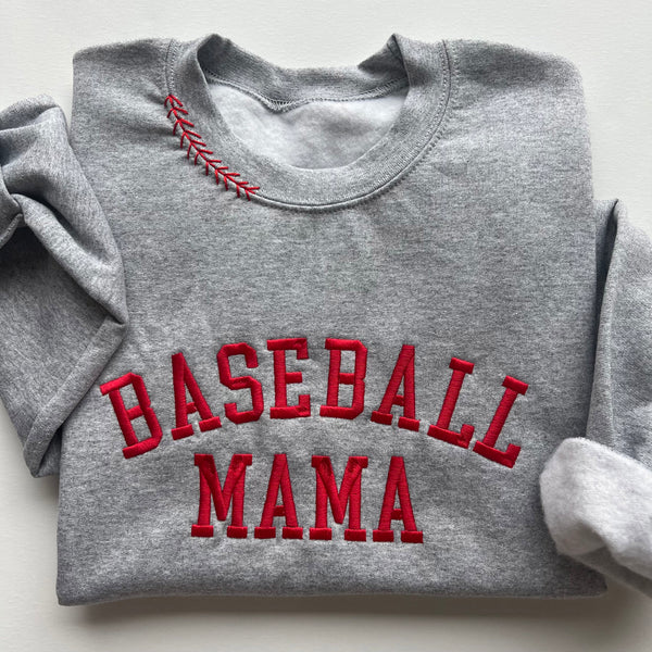 Embroidered Baseball Mama Crewneck with collar accent